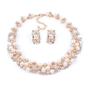 Trendy Imitation Pearl Cropped Bridal Necklace Earrings Two-Piece Set