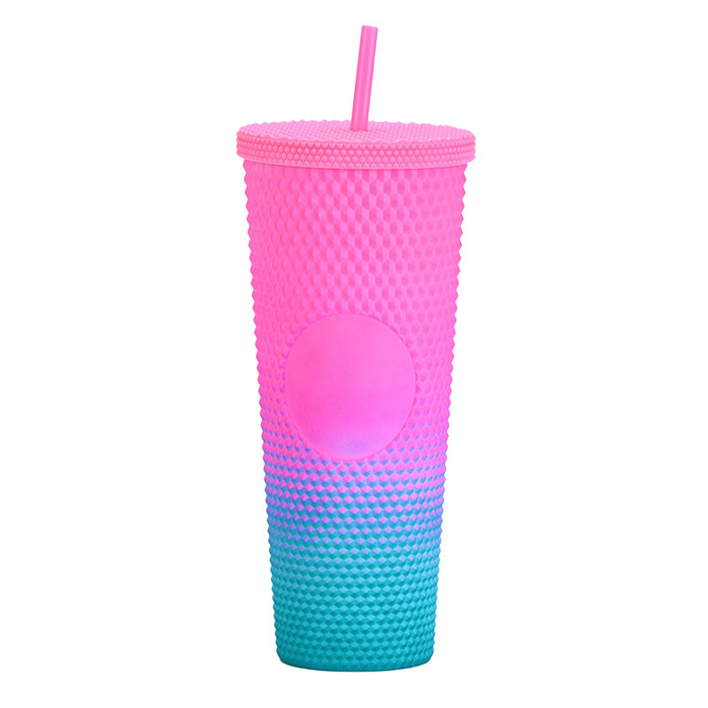 1pc Creative Rainbow Plastic Drinking Cup With Straw, Large Capacity Forest  Style Double-layered Bead Beverage Cup