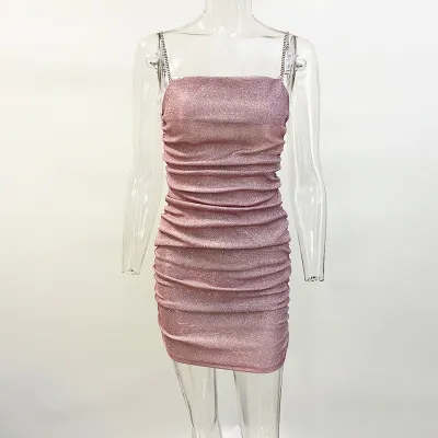 Women Nightclub Sexy Rhinestone Diamond Chain Drawstring Hip Wrap Dress
