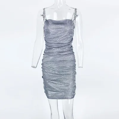 Women Nightclub Sexy Rhinestone Diamond Chain Drawstring Hip Wrap Dress