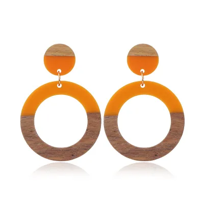 Fashion Resin Wood Splicing Hollow Round Dangle Earrings for Women