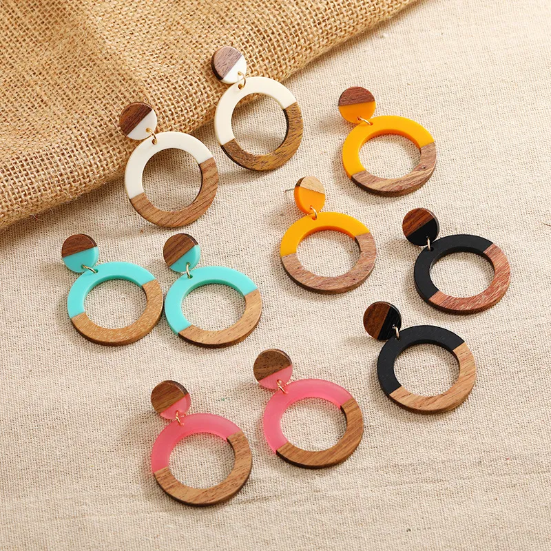 Fashion Resin Wood Splicing Hollow Round Dangle Earrings for Women