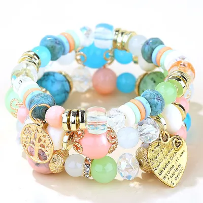 Women Fashion Bohemian Heart Tree Shaped Charm Beaded Bracelet Set