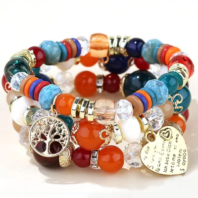 Women Fashion Bohemian Heart Tree Shaped Charm Beaded Bracelet Set