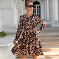 Summer Women Elegant Casual Long Sleeve Lace-Up Leopard Printing Shirt Dress