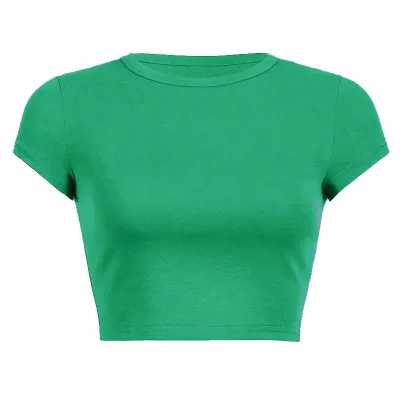 Fashion Solid Color Basic Women's Round Neck Crop Tight Top Slim-Fit