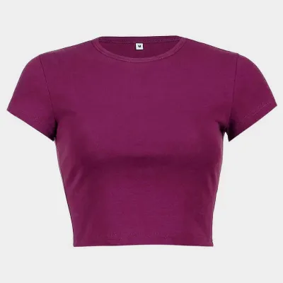 Fashion Solid Color Basic Women's Round Neck Crop Tight Top Slim-Fit
