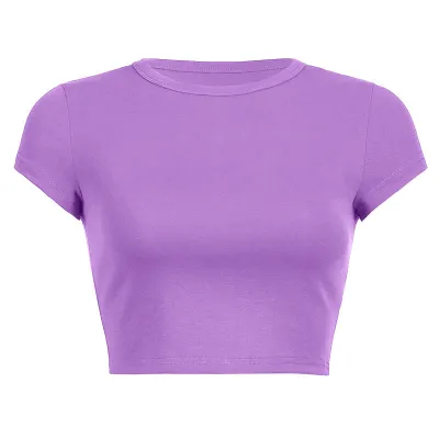 Fashion Solid Color Basic Women's Round Neck Crop Tight Top Slim-Fit