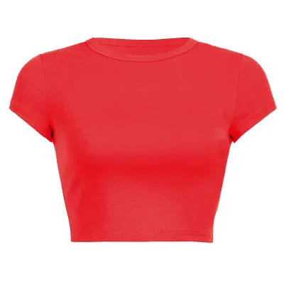 Fashion Solid Color Basic Women's Round Neck Crop Tight Top Slim-Fit