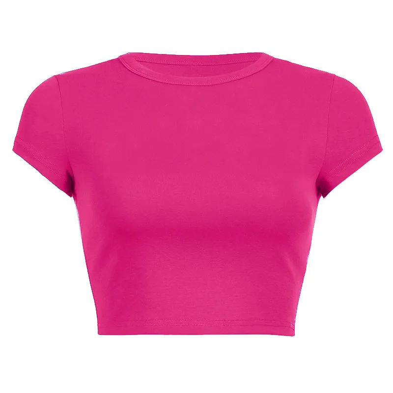 Fashion Solid Color Basic Women's Round Neck Crop Tight Top Slim-Fit