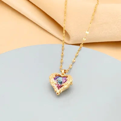 Women Fashion Stainless Steel Heart Pendant Necklace Multicolor Rhinestone