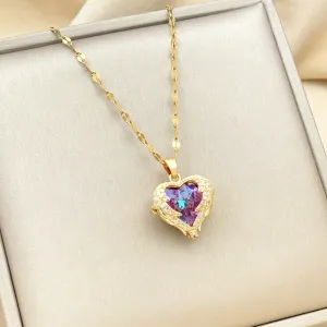 Women Fashion Stainless Steel Heart Pendant Necklace Multicolor Rhinestone