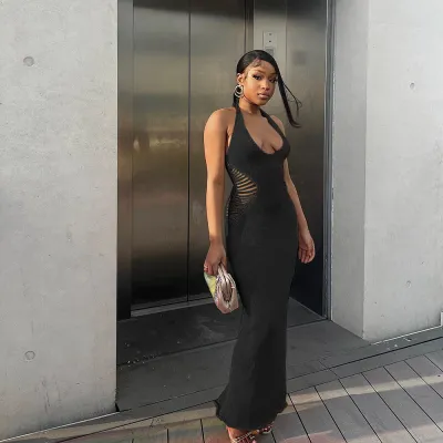 Women's Sexy Hollow Halter Neck Backless Knit Long Dress