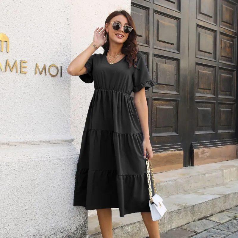 Women's Casual Chiffon V-Neck High Waist Midi Dress
