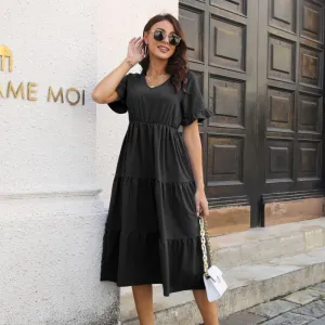 Women's Casual Chiffon V-Neck High Waist Midi Dress