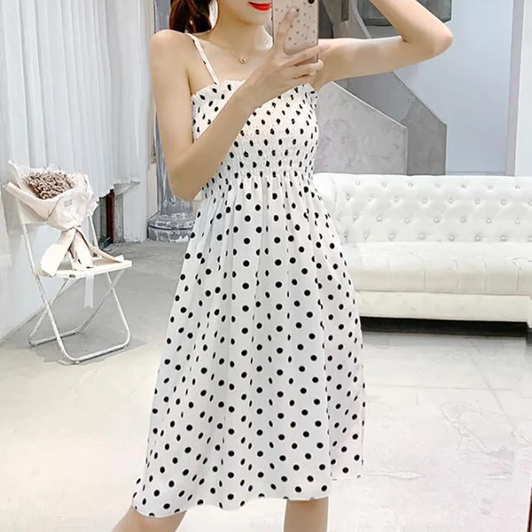 Women's Polka Dot Print Sling Vacation Dress French Retro Style