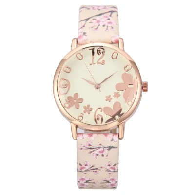 Women'S Fashion Spring Flower Casual Creative Floral Round Dial Alloy Pin Buckle Quartz Watch