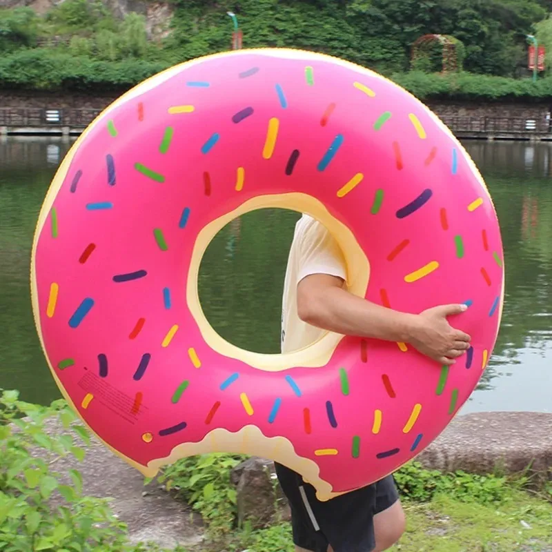 Inflatable PVC Donut Swimming Ring for Women - Pink and Coffee Print