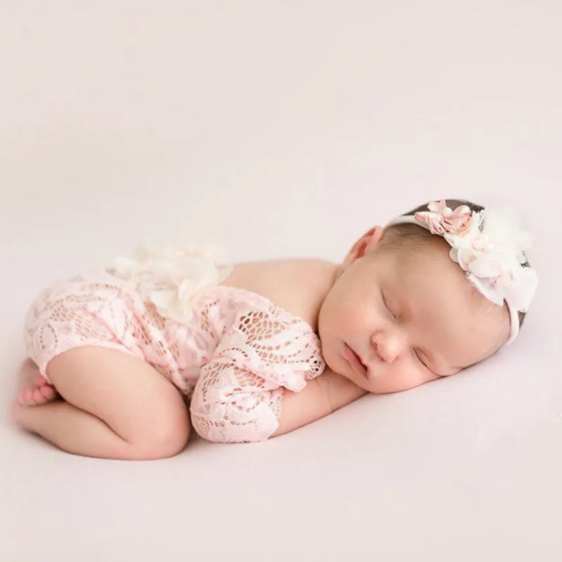 Toddlers Newborn Baby Girls Photography Long Sleeve Lace Bodysuit Headband Sweet