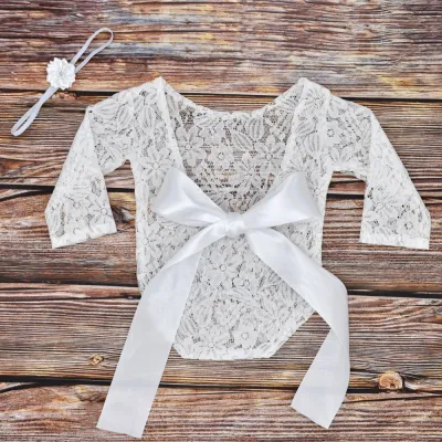 Toddlers Newborn Baby Girls Photography Long Sleeve Lace Bodysuit And Hair Band Set Unisex