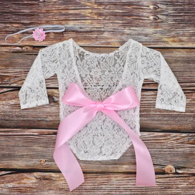 Toddlers Newborn Baby Girls Photography Long Sleeve Lace Bodysuit And Hair Band Set Unisex