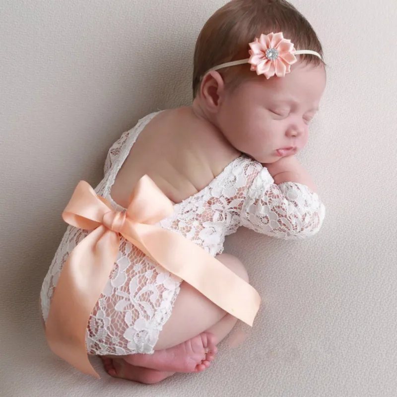 Toddlers Newborn Baby Girls Photography Long Sleeve Lace Bodysuit And Hair Band Set Unisex