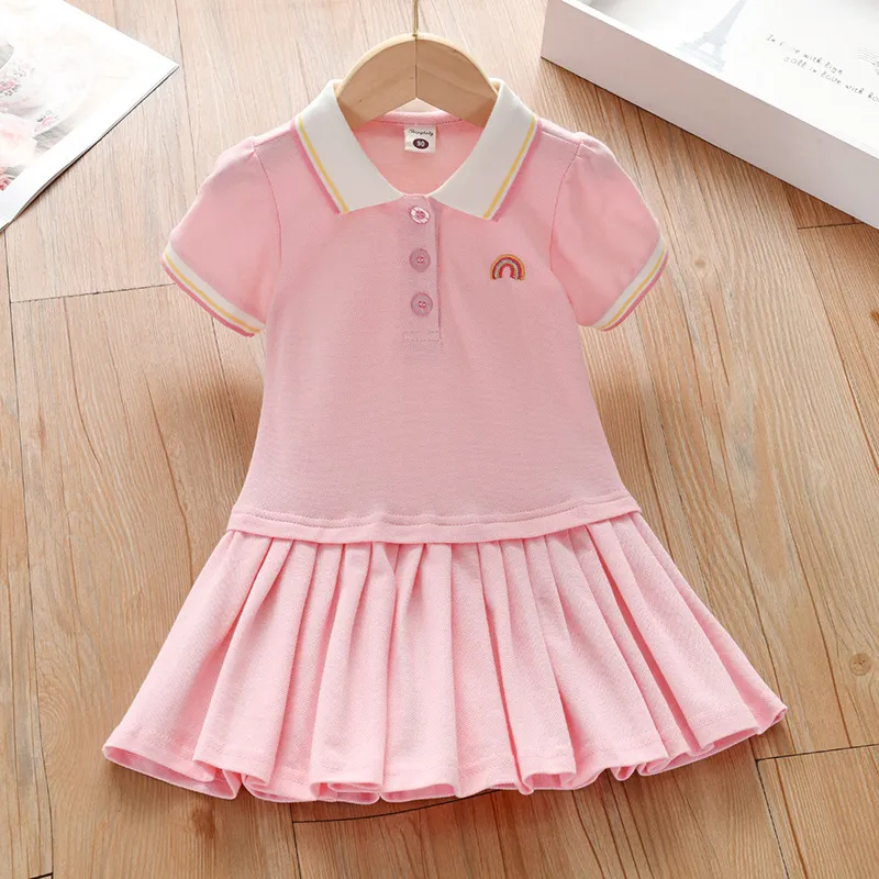 Toddler Baby Girls Lapel Rainbow Short Sleeve Cotton Pleated Dress