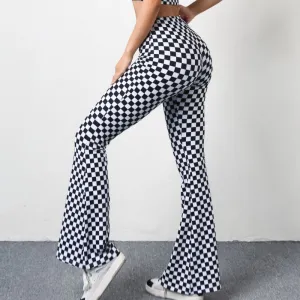 Fashion Checkerboard Print Women'S Sports High Waist Slim-Fit Flared Pants