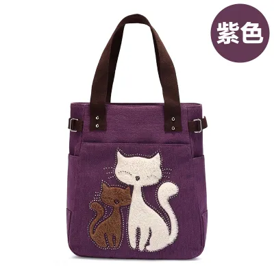 Fashion Rhinestone Cat Print Canvas Shoulder Bag