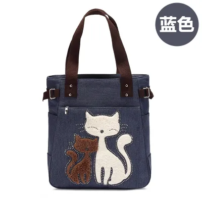 Fashion Rhinestone Cat Print Canvas Shoulder Bag