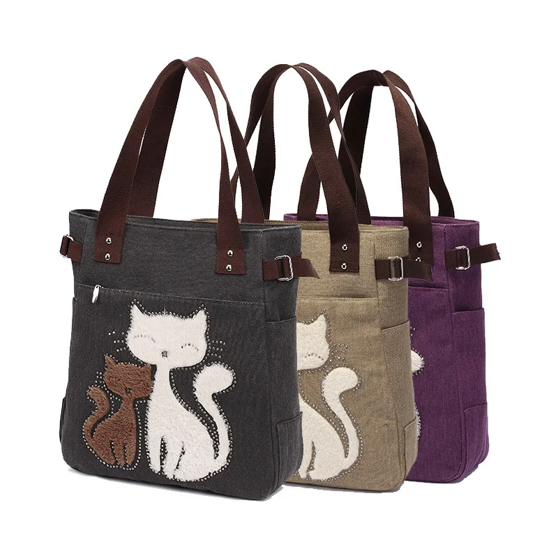Fashion Rhinestone Cat Print Canvas Shoulder Bag