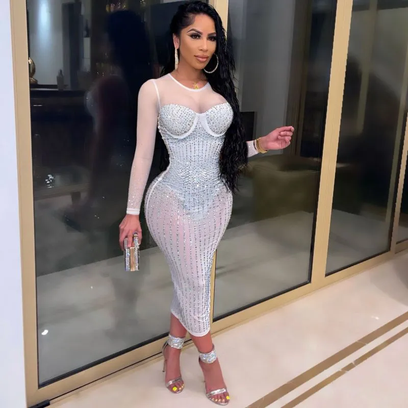 Women'S Fashion Rhinestone Long Sleeve Party Dress