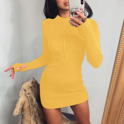 Women's Fashion Casual Rib-Knit Zipper Slim-Fit Long Sleeve Stand Collar Dress