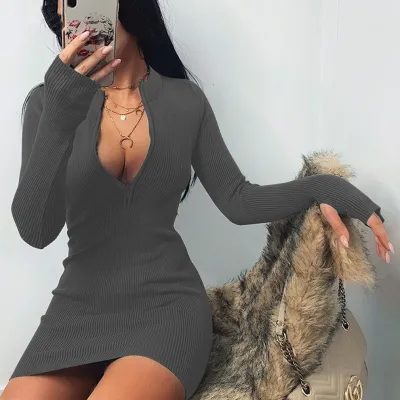 Women's Fashion Casual Rib-Knit Zipper Slim-Fit Long Sleeve Stand Collar Dress