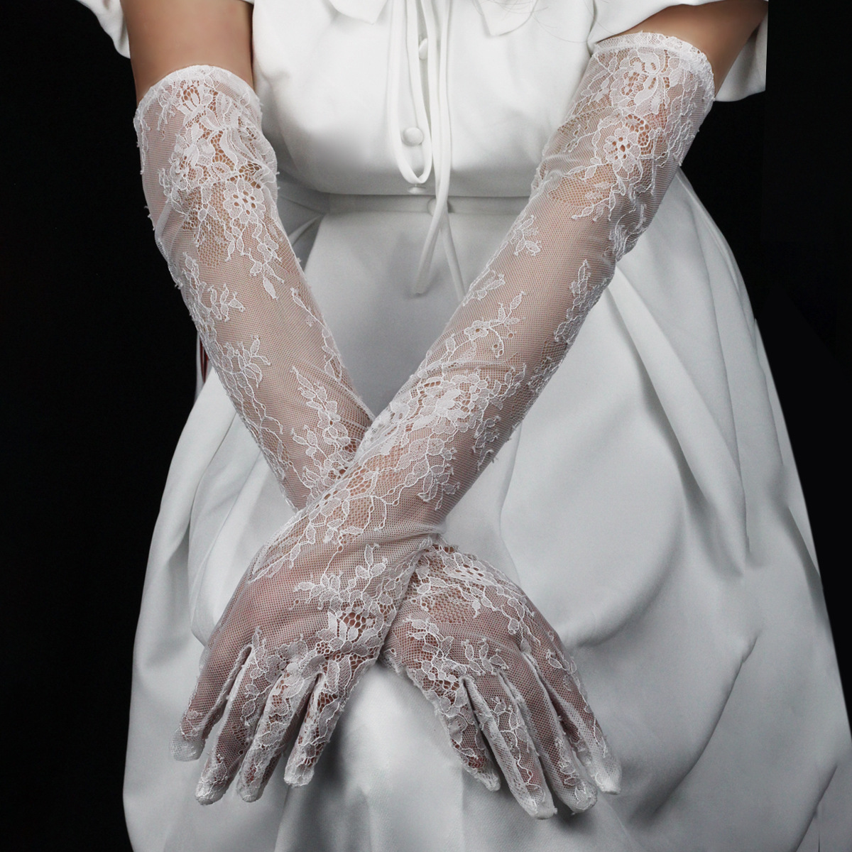 Wholesale Elegant White See Through Lace Long Bridal Wedding Gloves
