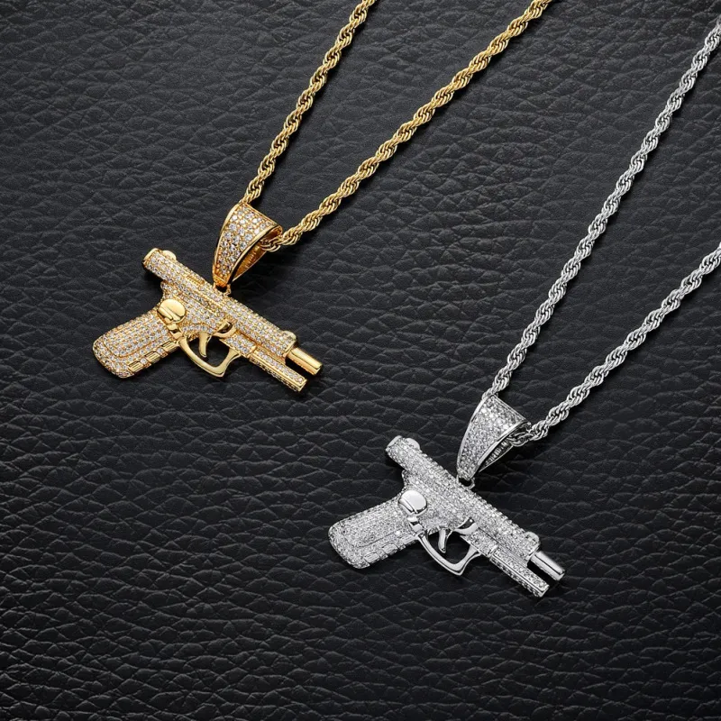Women Men Fashion Rhinestone Pistol Gun Shape Pendant Necklace