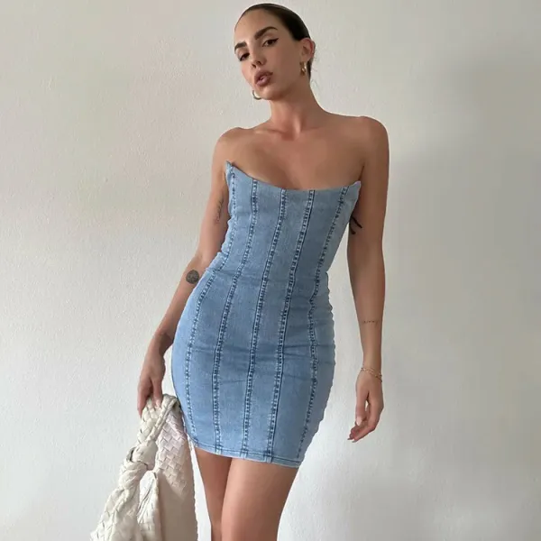 Women'S Sexy Bandeau Stitching Skinny Denim Tube Dress