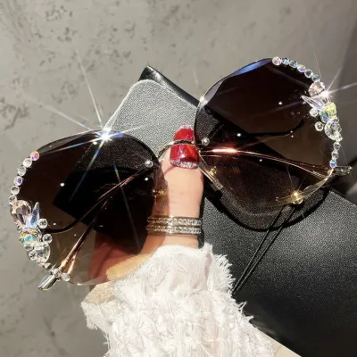 Women's Fashion Casual Rhinestone Large Round Half Frame Sunglasses