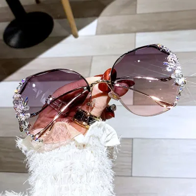 Women's Fashion Casual Rhinestone Large Round Half Frame Sunglasses