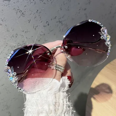 Women's Fashion Casual Rhinestone Large Round Half Frame Sunglasses