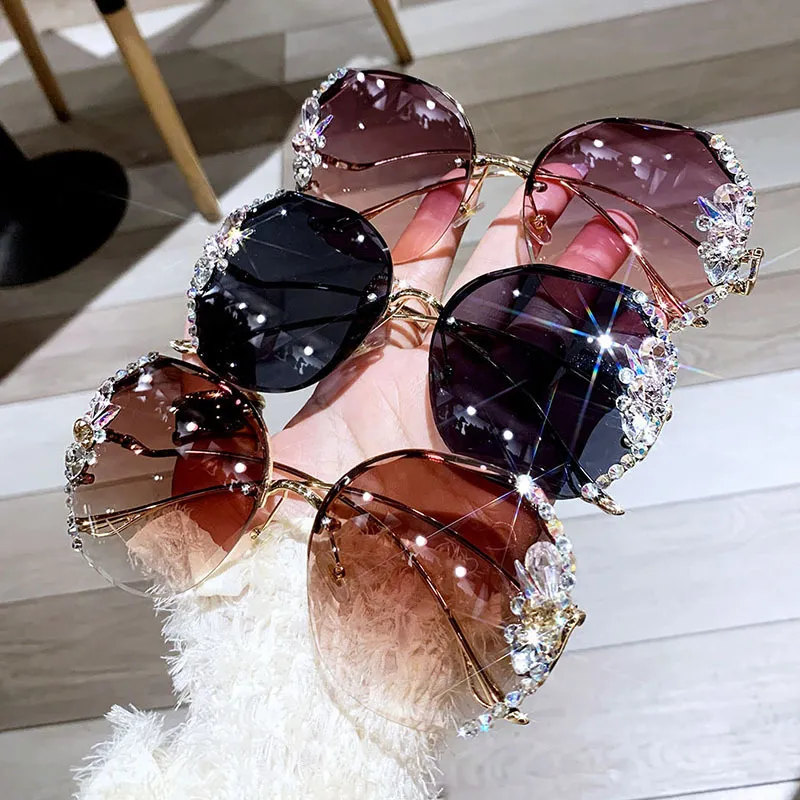 Women's Fashion Casual Rhinestone Large Round Half Frame Sunglasses