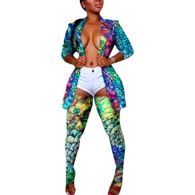 Women Fashion Long Sleeve Casual Lapel Coat Slim Fit Graphic Printing Pants Set