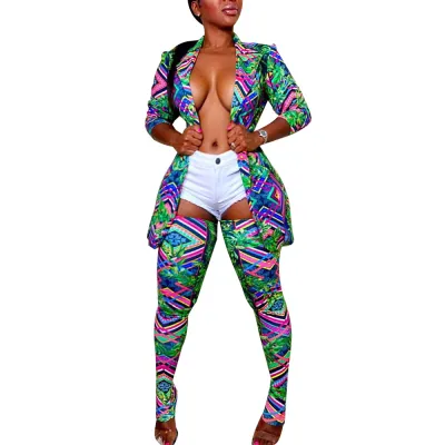 Women Fashion Long Sleeve Casual Lapel Coat Slim Fit Graphic Printing Pants Set