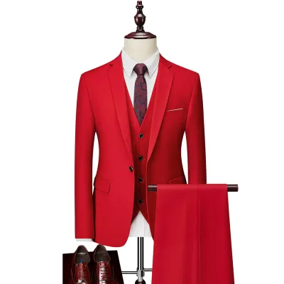 Men's Slim Fit Solid Color Casual Wedding One Button Suit Three-Piece Set