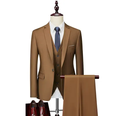 Men's Slim Fit Solid Color Casual Wedding One Button Suit Three-Piece Set