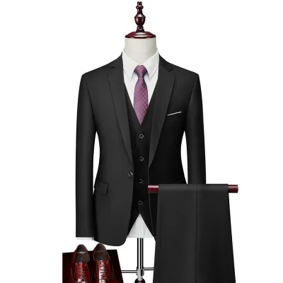 Men's Slim Fit Solid Color Casual Wedding One Button Suit Three-Piece Set