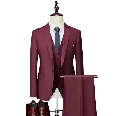 Men's Slim Fit Solid Color Casual Wedding One Button Suit Three-Piece Set