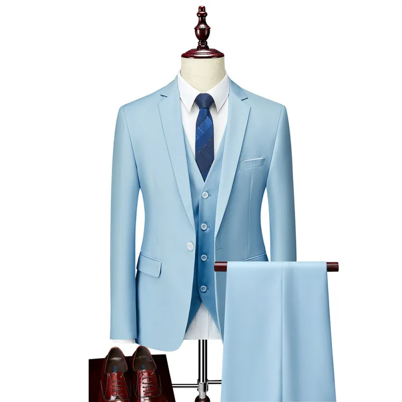 Men's Slim Fit Solid Color Casual Wedding One Button Suit Three-Piece Set