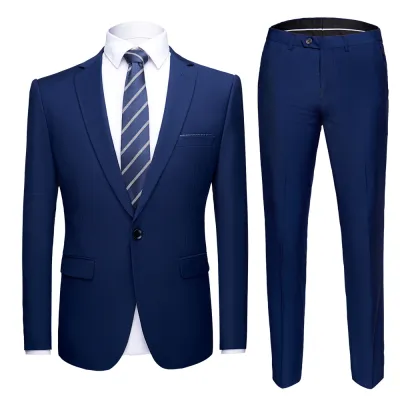 Men Fashion Solid Color One Button Pocket Straight Wedding Suits Two Pieces Set