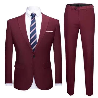 Men Fashion Solid Color One Button Pocket Straight Wedding Suits Two Pieces Set
